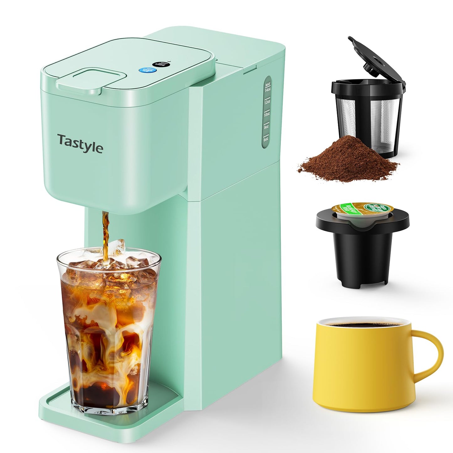 Tastyle Mini Hot and Iced Coffee Maker Single Serve, for K Cup and Ground, 6 to 14 Oz Brew Sizes, with Recipe Book, for Home, Travel, RV, Office and Dorm,Classic Black (2.0 Version)