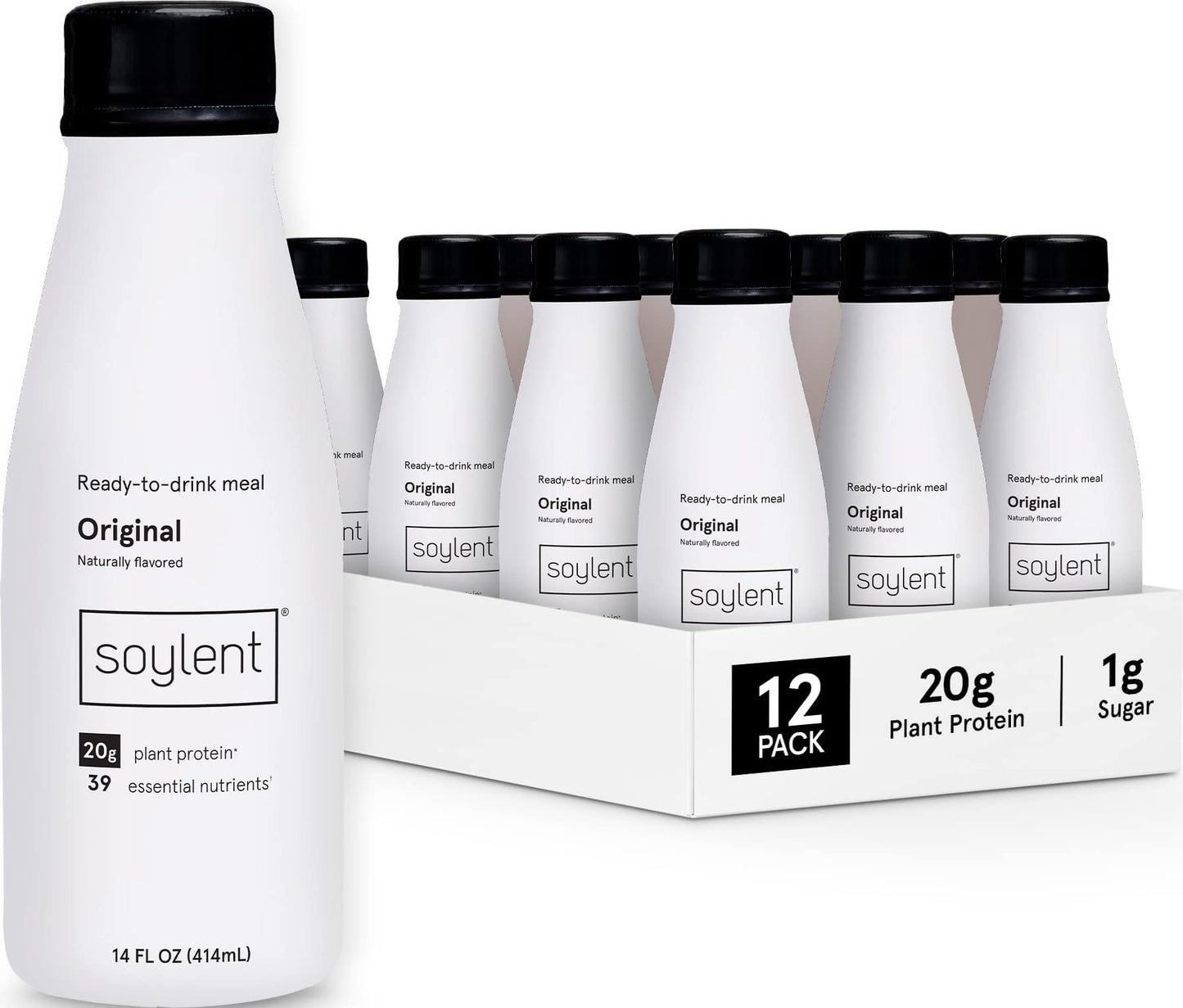 Soylent Creamy Chocolate Meal Replacement Shake, Ready-to-Drink Plant Based Protein Drink, Contains 20g Complete Vegan Protein and 1g Sugar, 14oz, 12 Pack