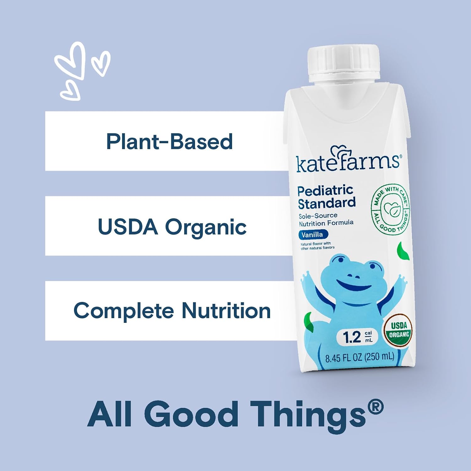 KATE FARMS Organic Plant Based Pediatric 1.2 Sole Source Vanilla Nutrition Shake, 12g of protein, 27 Vitamins and Minerals, Meal Replacement Drink for Kids, Non-GMO, 8.45 Fl oz (Pack of 12)
