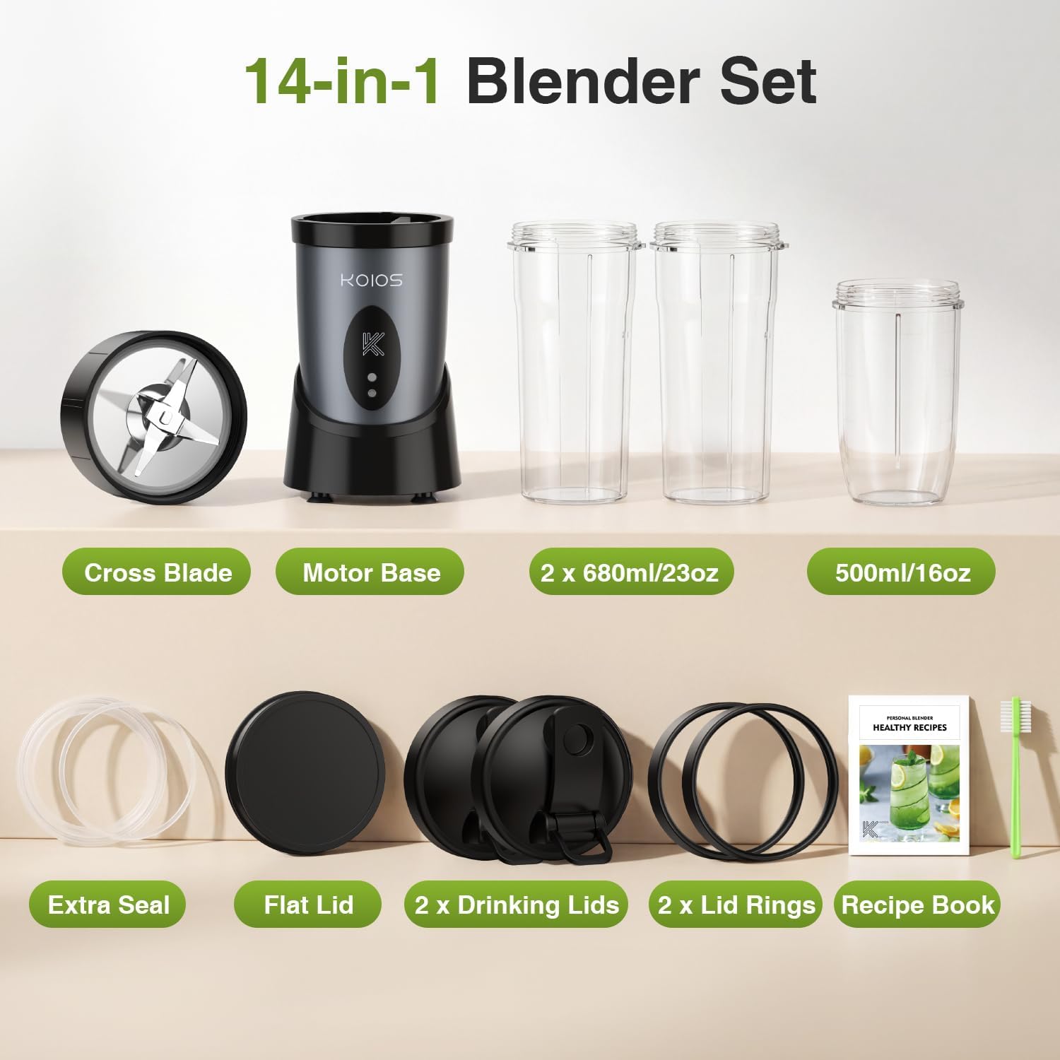 KOIOS Smoothie Blender for Kitchen, 900W Personal Blender for Smoothies Shakes 14pcs with 3 Portable Cups 23oz + 17oz, Single Serve Smoothies Maker Mixer for Juices Frozen Drinks, Grey Blue