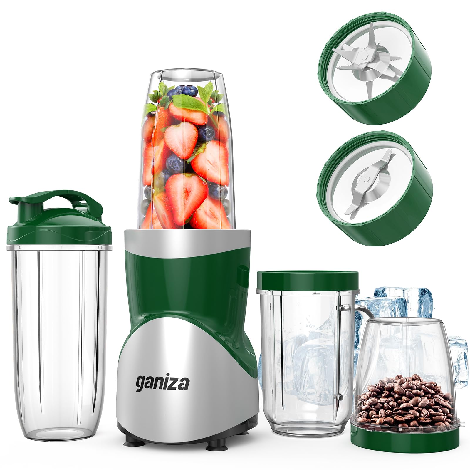Ganiza Smoothie Blender, 900W Blenders for Shakes and Smoothies, 15-Piece Personal Blender and Grinder Combo for Kitchen, Smoothies Maker with 4 BPA-Free Portable Cup, Nutritious Recipe