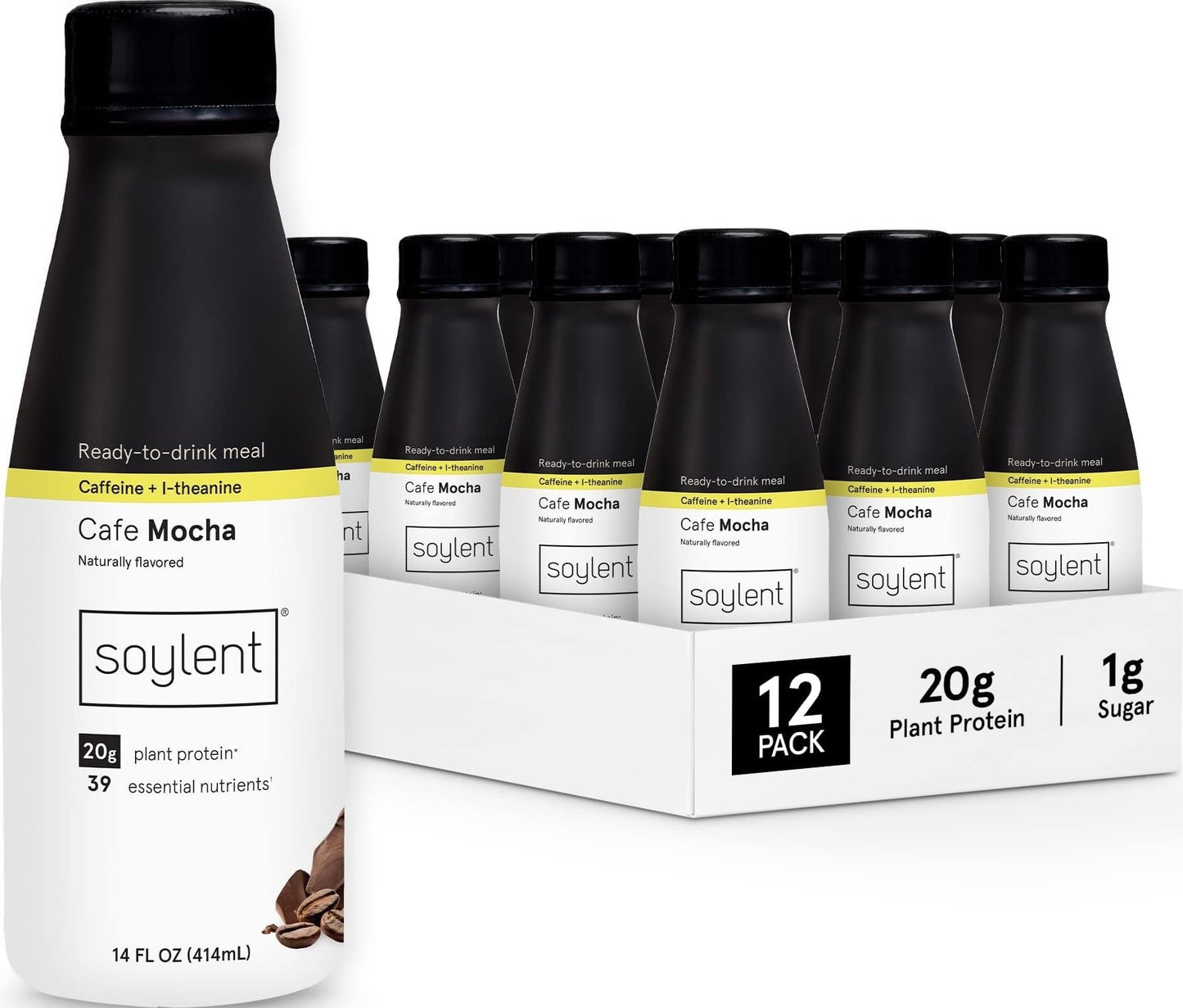 Soylent Creamy Chocolate Meal Replacement Shake, Ready-to-Drink Plant Based Protein Drink, Contains 20g Complete Vegan Protein and 1g Sugar, 14oz, 12 Pack