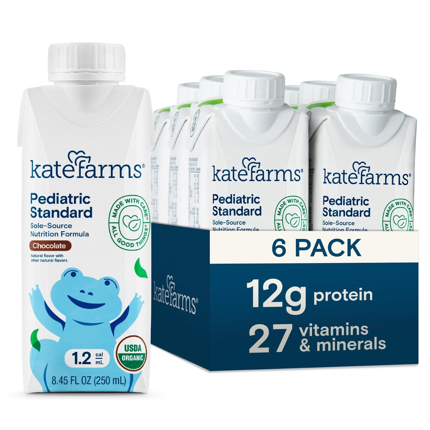 KATE FARMS Organic Plant Based Pediatric 1.2 Sole Source Vanilla Nutrition Shake, 12g of protein, 27 Vitamins and Minerals, Meal Replacement Drink for Kids, Non-GMO, 8.45 Fl oz (Pack of 12)