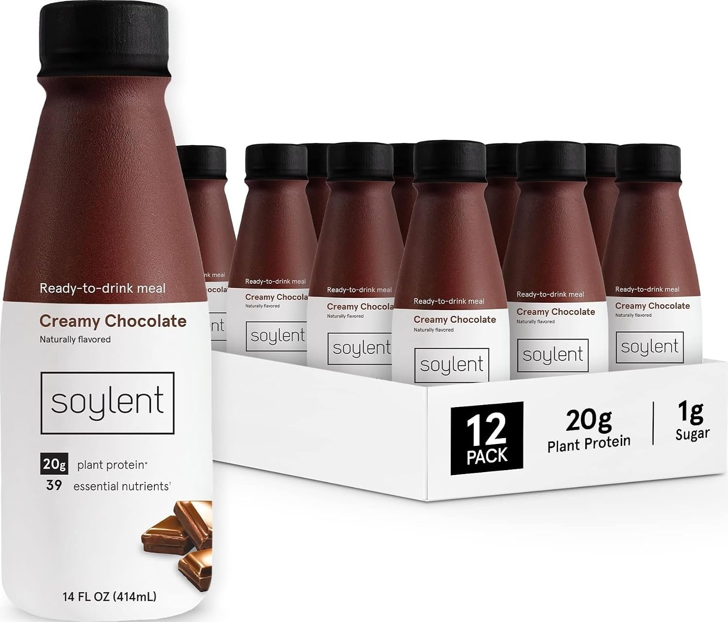 Soylent Creamy Chocolate Meal Replacement Shake, Ready-to-Drink Plant Based Protein Drink, Contains 20g Complete Vegan Protein and 1g Sugar, 14oz, 12 Pack