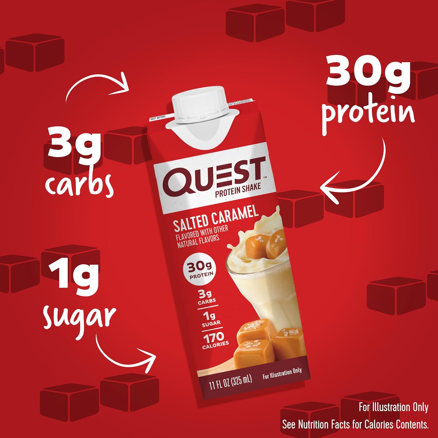 Quest Nutrition Salted Caramel Protein Shake, 30g Protein, 12 Count | 3g Net Carbs, 1g Sugar, Creamy Salted Caramel Flavored Shake, Gluten Free, 11 fl oz, 3 Packs of 4 Count Cartons