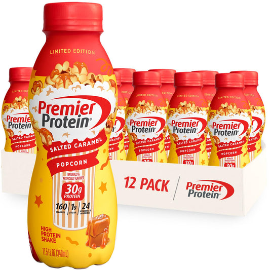 Premier Protein LIMITED EDITION 30g Shake, Salted Caramel Popcorn, 12 Pack | 160 Calories, 24 Vitamins & Minerals, No Added Sugar, Supports Muscle Health, Gluten-Free, 11.5 oz