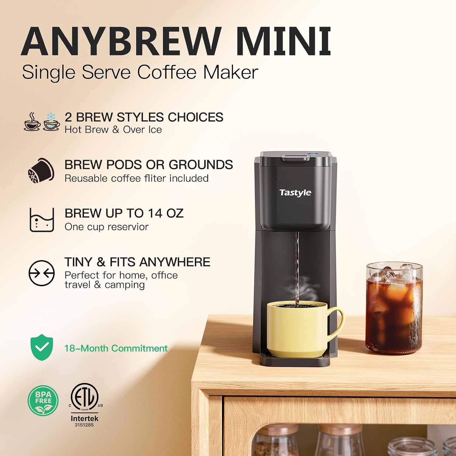 Tastyle Mini Hot and Iced Coffee Maker Single Serve, for K Cup and Ground, 6 to 14 Oz Brew Sizes, with Recipe Book, for Home, Travel, RV, Office and Dorm,Classic Black (2.0 Version)