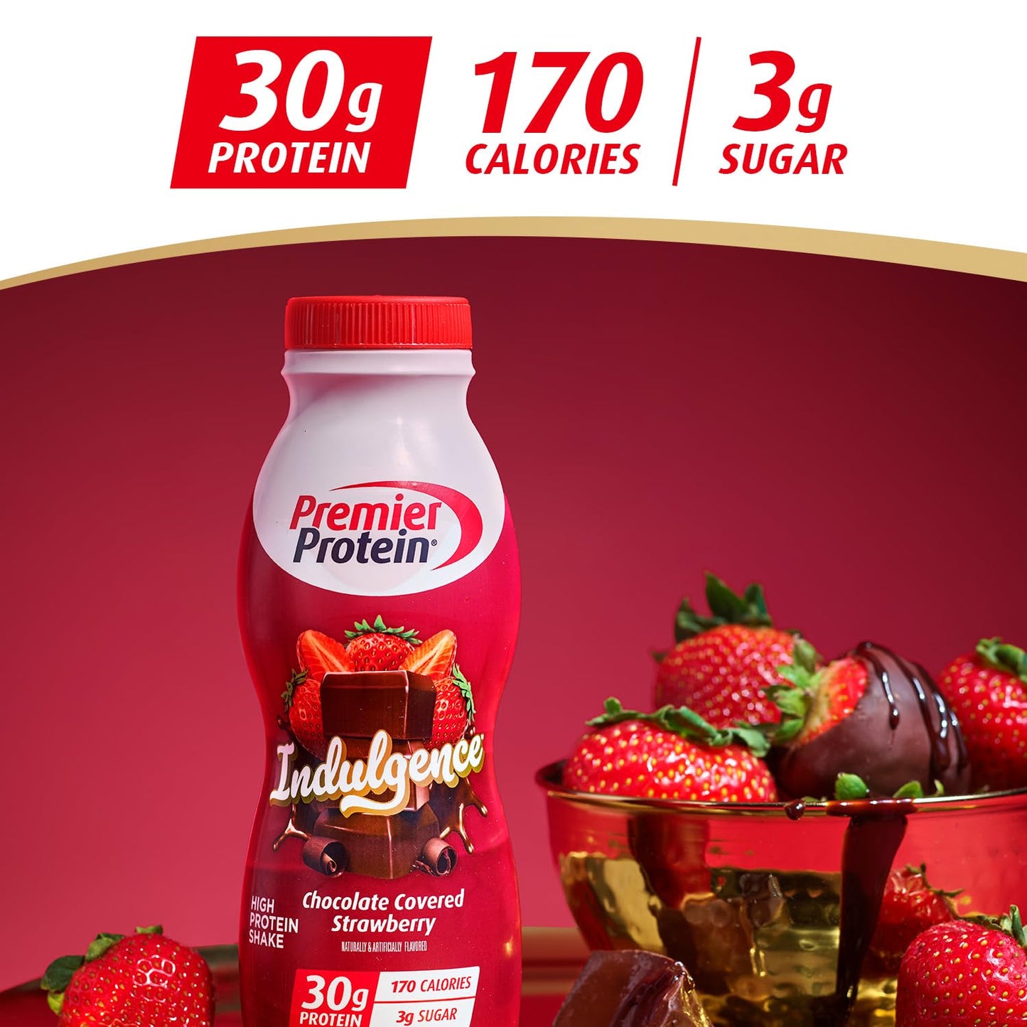 Premier Protein INDULGENCE 30g Shake, Chocolate Covered Strawberry, 12 Pack | Dessert-Inspired, 170 Calories, 3g Sugar, Supports Muscle Health, Gluten-Free, 11.5 oz (Packaging May Vary)