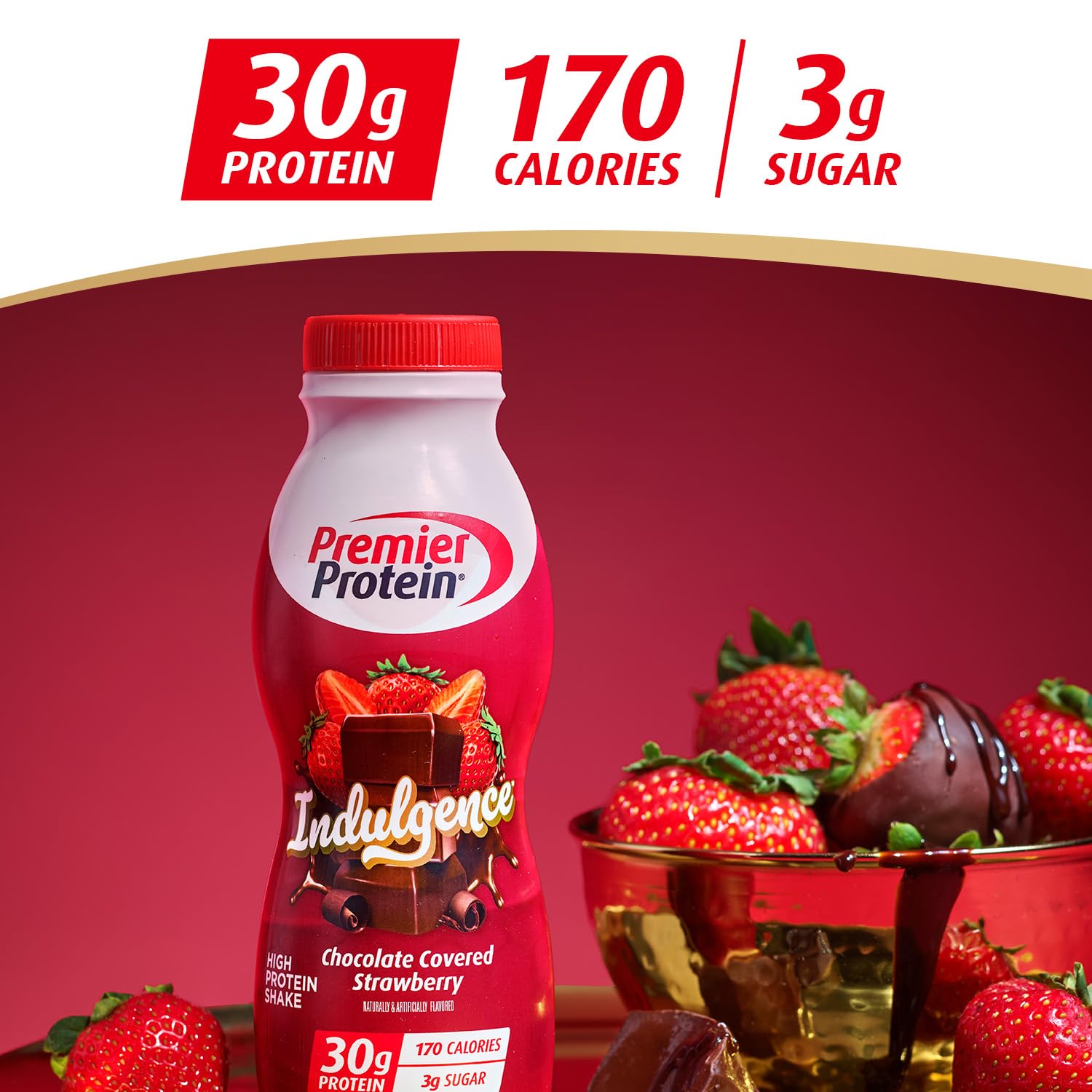 Premier Protein INDULGENCE 30g Shake, Chocolate Covered Strawberry, 12 Pack | Dessert-Inspired, 170 Calories, 3g Sugar, Supports Muscle Health, Gluten-Free, 11.5 oz (Packaging May Vary)