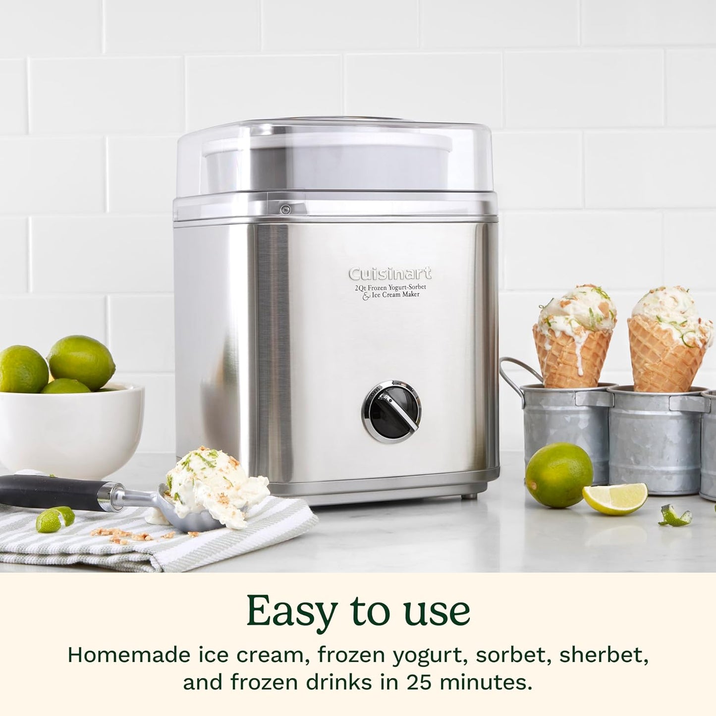 Cuisinart Ice Cream Maker Machine, Fully Automatic, Stainless Steel, 2 qt | ICE30BCP1, ice cream machine & frozen yogurt machine with mix-in spout, 2x insulated bowl, & recipe book for custom treats