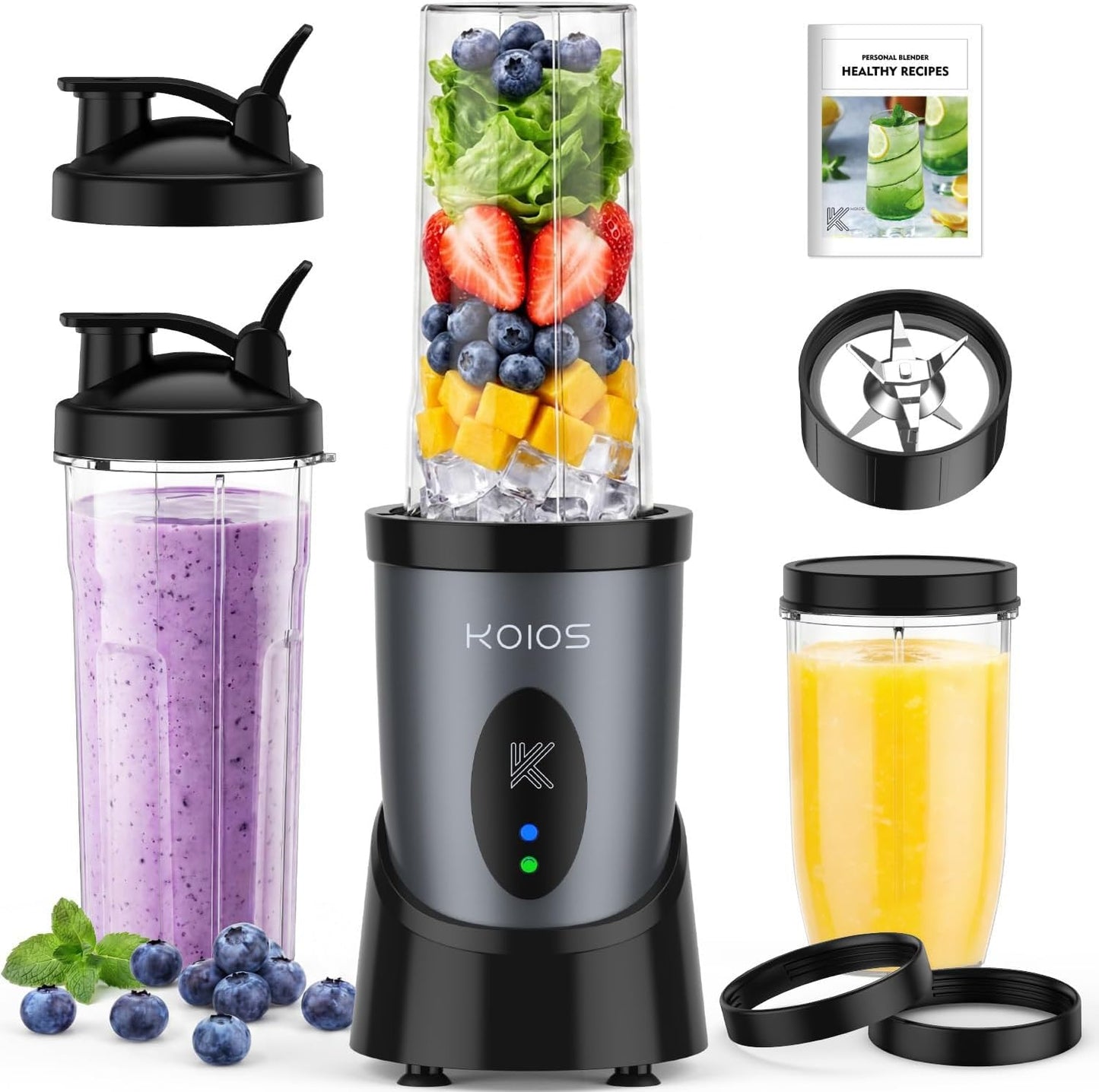 KOIOS Smoothie Blender for Kitchen, 900W Personal Blender for Smoothies Shakes 14pcs with 3 Portable Cups 23oz + 17oz, Single Serve Smoothies Maker Mixer for Juices Frozen Drinks, Grey Blue