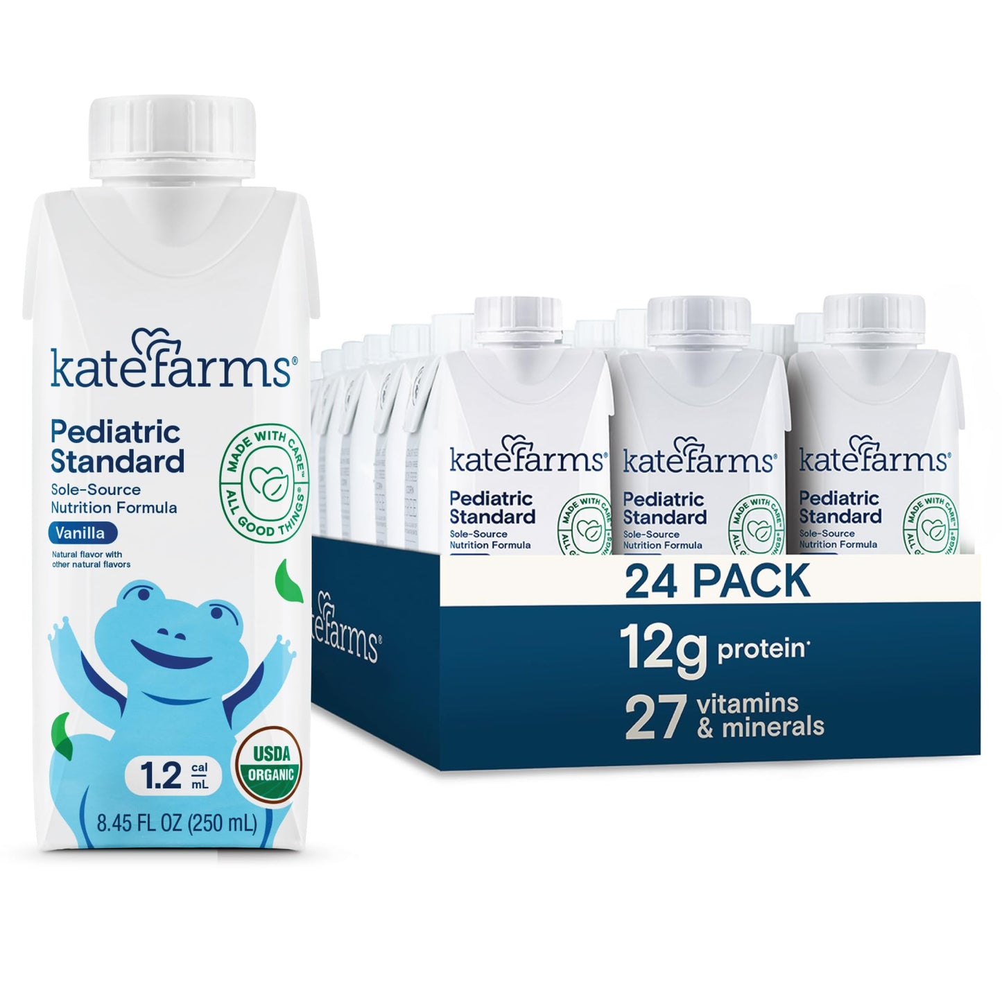 KATE FARMS Organic Plant Based Pediatric 1.2 Sole Source Vanilla Nutrition Shake, 12g of protein, 27 Vitamins and Minerals, Meal Replacement Drink for Kids, Non-GMO, 8.45 Fl oz (Pack of 12)