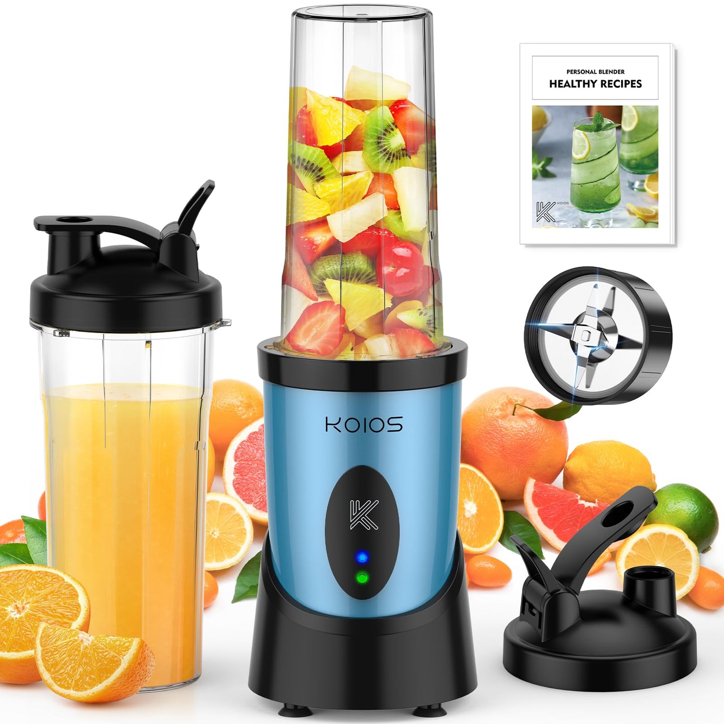 KOIOS Smoothie Blender for Kitchen, 900W Personal Blender for Smoothies Shakes 14pcs with 3 Portable Cups 23oz + 17oz, Single Serve Smoothies Maker Mixer for Juices Frozen Drinks, Grey Blue