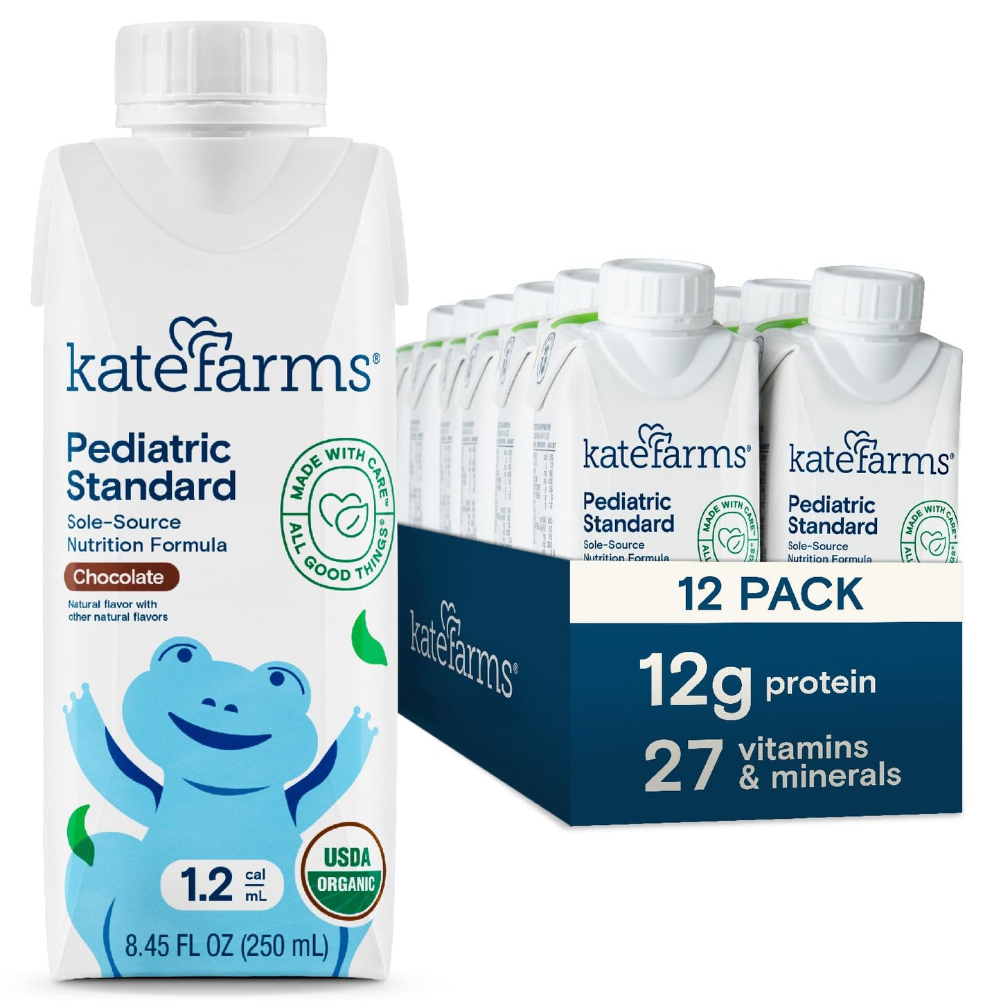 KATE FARMS Organic Plant Based Pediatric 1.2 Sole Source Vanilla Nutrition Shake, 12g of protein, 27 Vitamins and Minerals, Meal Replacement Drink for Kids, Non-GMO, 8.45 Fl oz (Pack of 12)