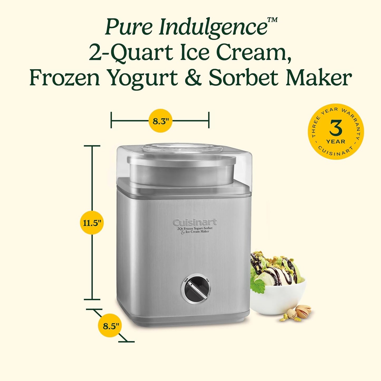 Cuisinart Ice Cream Maker Machine, Fully Automatic, Stainless Steel, 2 qt | ICE30BCP1, ice cream machine & frozen yogurt machine with mix-in spout, 2x insulated bowl, & recipe book for custom treats