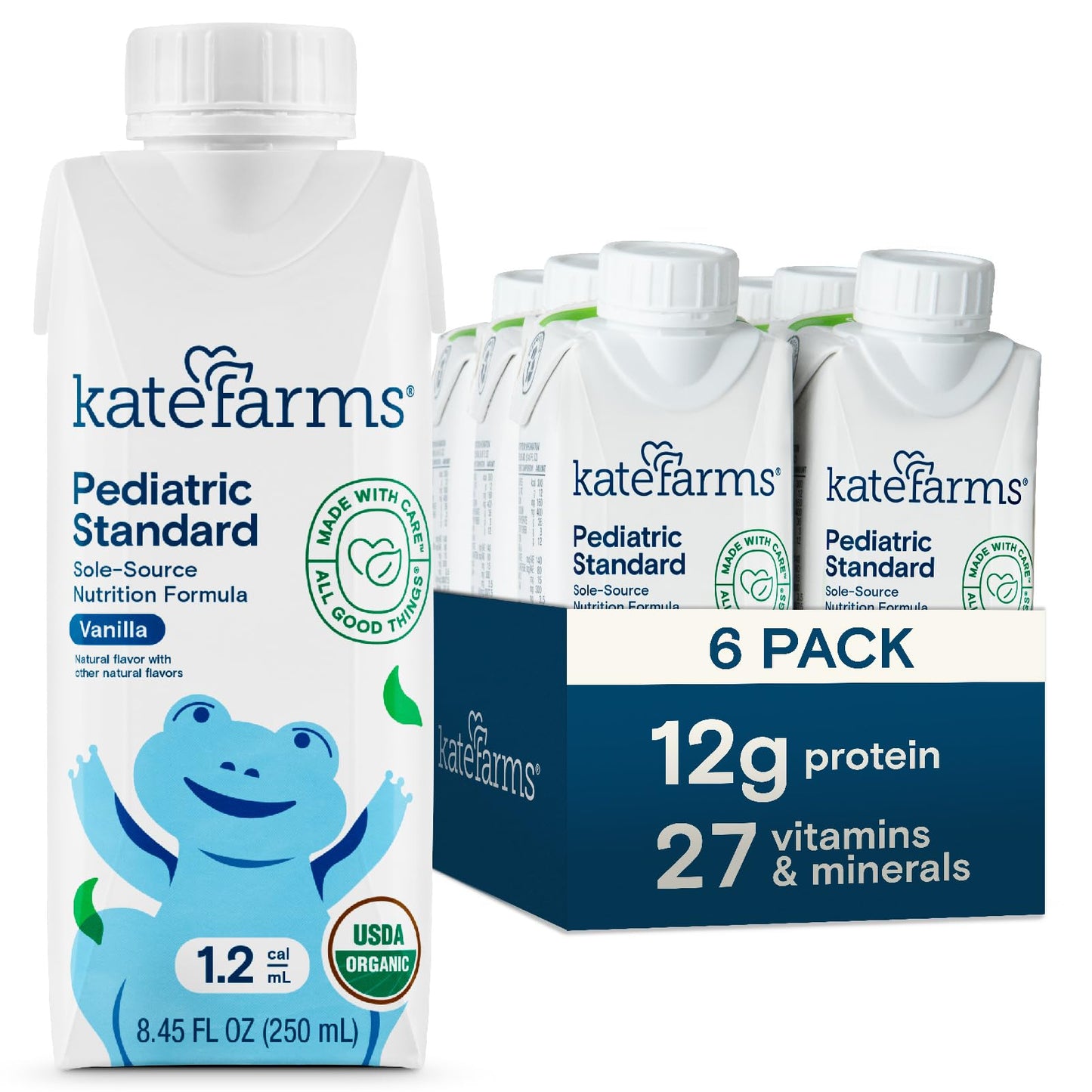 KATE FARMS Organic Plant Based Pediatric 1.2 Sole Source Vanilla Nutrition Shake, 12g of protein, 27 Vitamins and Minerals, Meal Replacement Drink for Kids, Non-GMO, 8.45 Fl oz (Pack of 12)