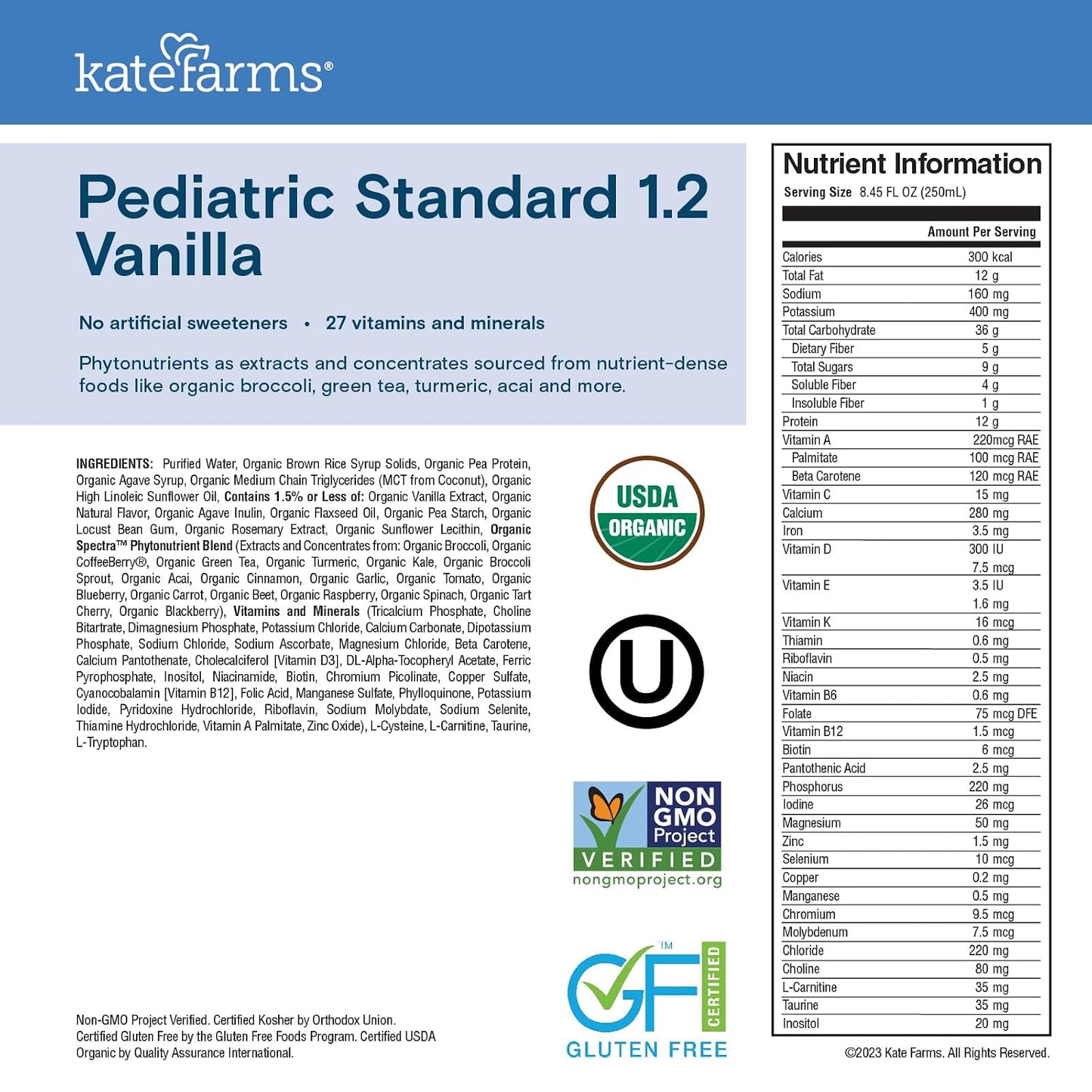 KATE FARMS Organic Plant Based Pediatric 1.2 Sole Source Vanilla Nutrition Shake, 12g of protein, 27 Vitamins and Minerals, Meal Replacement Drink for Kids, Non-GMO, 8.45 Fl oz (Pack of 12)