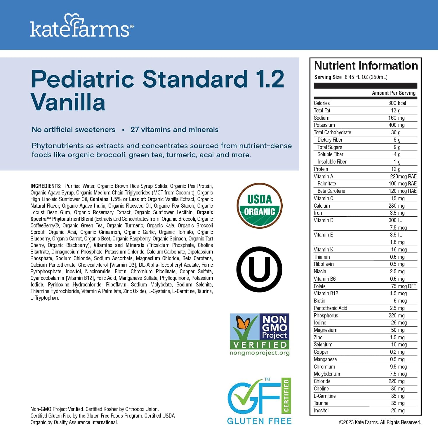 KATE FARMS Organic Plant Based Pediatric 1.2 Sole Source Vanilla Nutrition Shake, 12g of protein, 27 Vitamins and Minerals, Meal Replacement Drink for Kids, Non-GMO, 8.45 Fl oz (Pack of 12)