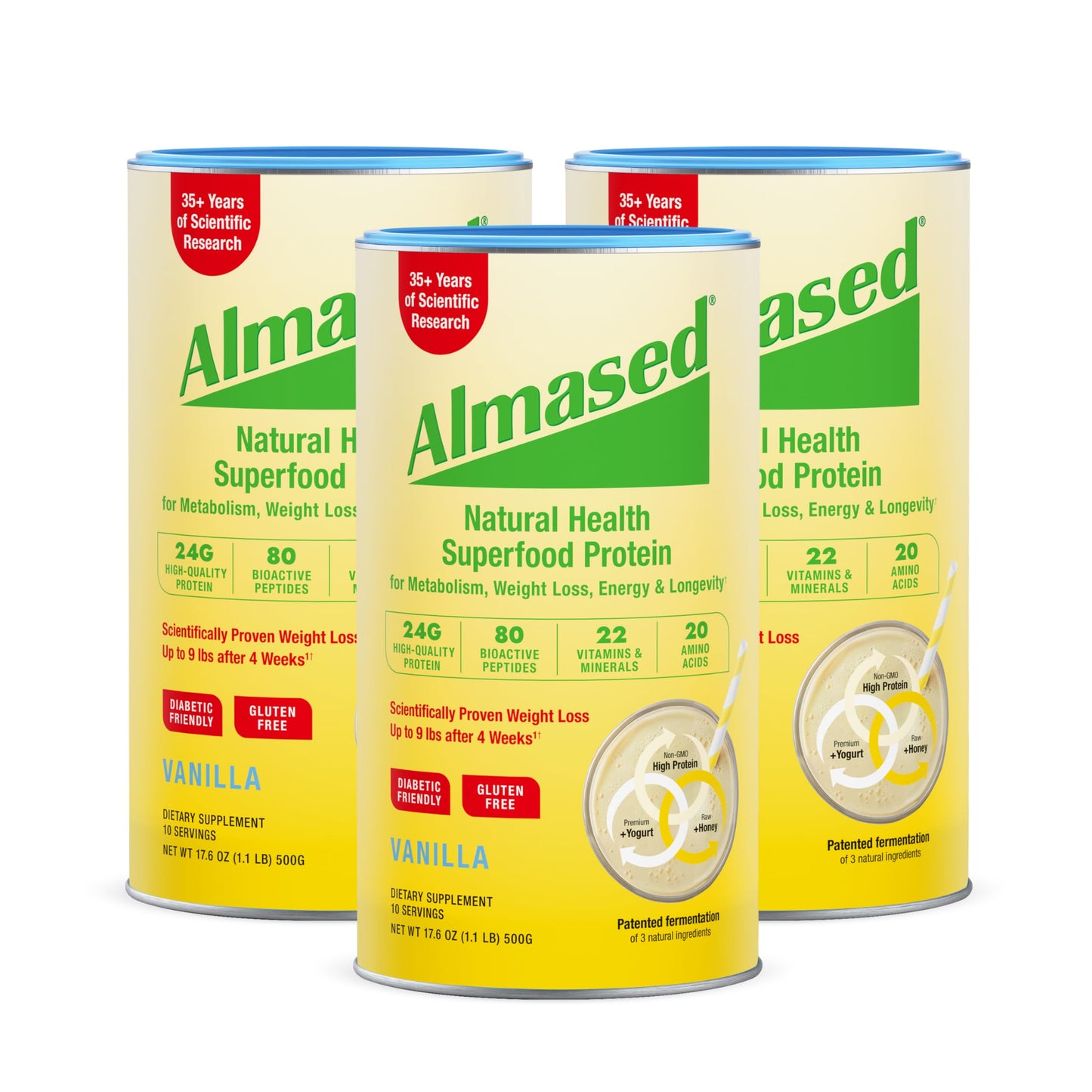 Almased Vanilla Meal Replacement Shake - Low-Glycemic High Plant Base Protein Powder- Nutritional Weight Health Support Supplement - Vanilla Flavor - 17.6 oz (1.1 Pound (1 Pack))