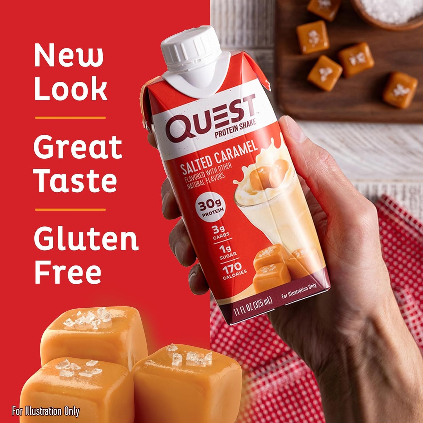 Quest Nutrition Salted Caramel Protein Shake, 30g Protein, 12 Count | 3g Net Carbs, 1g Sugar, Creamy Salted Caramel Flavored Shake, Gluten Free, 11 fl oz, 3 Packs of 4 Count Cartons