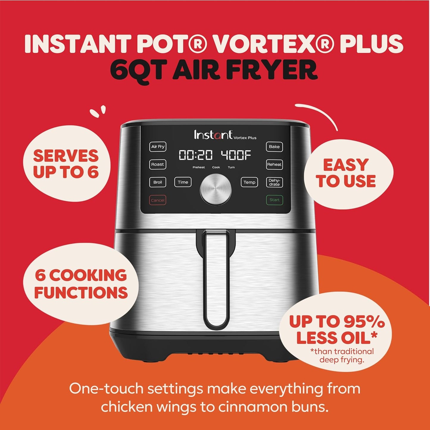 Instant Pot 6QT VORTEX Plus Air Fryer, 6-in-1, Air Fry, Broil, Dehydrate, Crisp, Roast, Reheat, Bake, Dishwasher-Safe Airfryer basket, from the Makers of Instant Pot, Stainless Steel