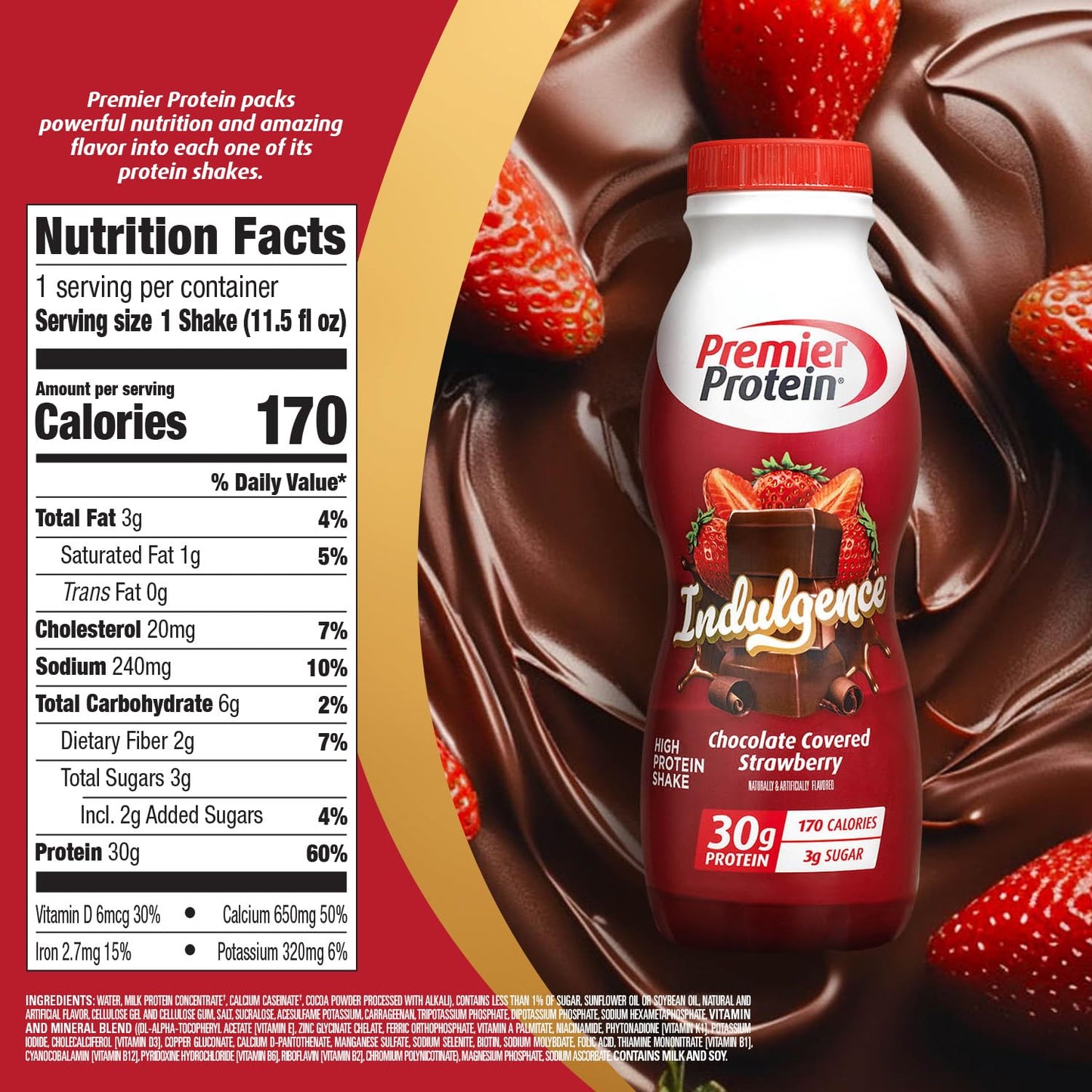 Premier Protein INDULGENCE 30g Shake, Chocolate Covered Strawberry, 12 Pack | Dessert-Inspired, 170 Calories, 3g Sugar, Supports Muscle Health, Gluten-Free, 11.5 oz (Packaging May Vary)