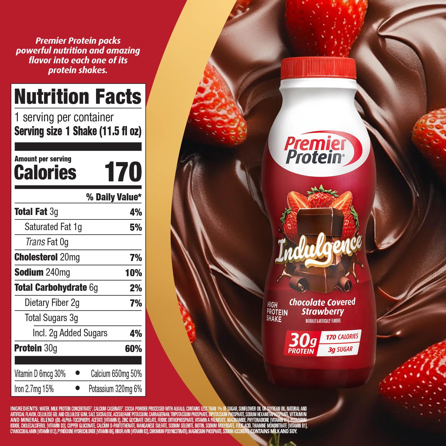 Premier Protein INDULGENCE 30g Shake, Chocolate Covered Strawberry, 12 Pack | Dessert-Inspired, 170 Calories, 3g Sugar, Supports Muscle Health, Gluten-Free, 11.5 oz (Packaging May Vary)