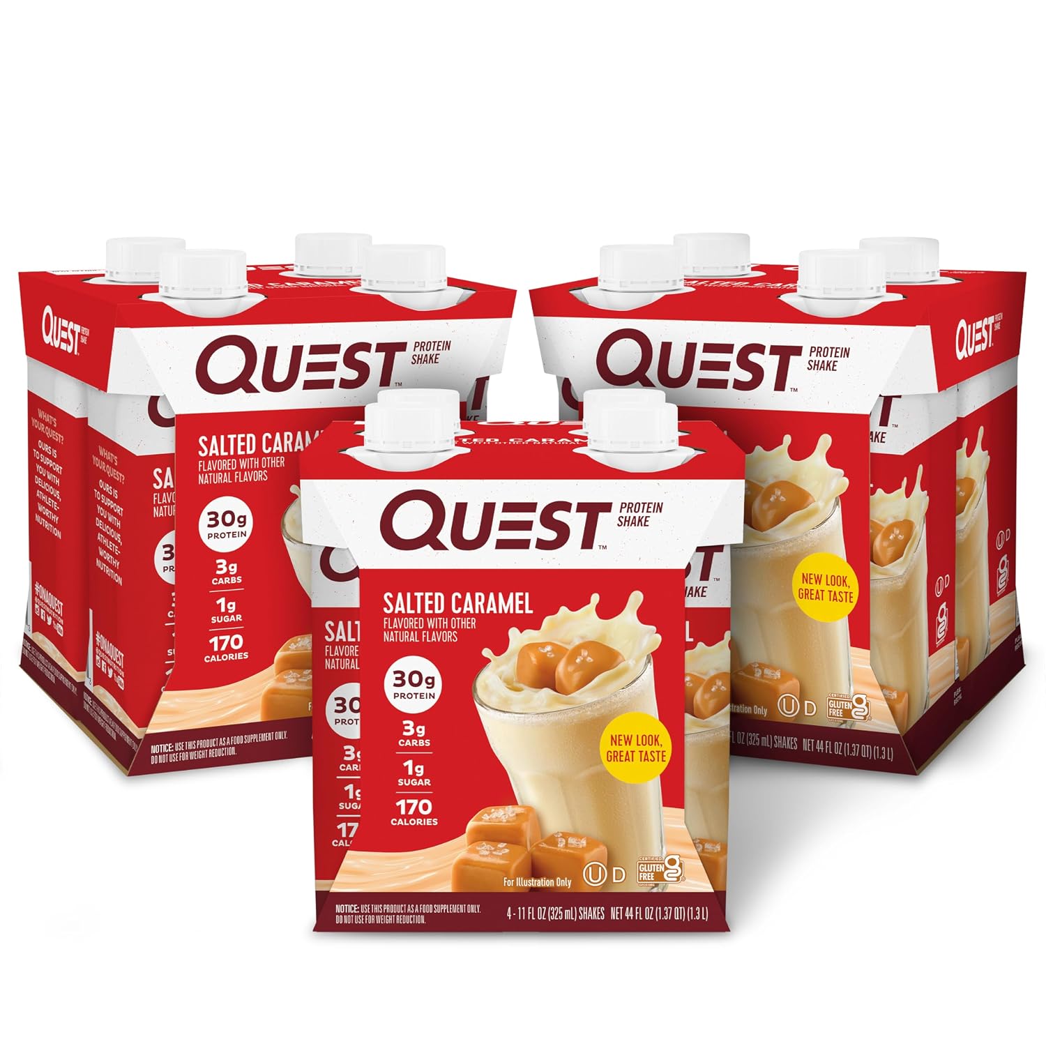 Quest Nutrition Salted Caramel Protein Shake, 30g Protein, 12 Count | 3g Net Carbs, 1g Sugar, Creamy Salted Caramel Flavored Shake, Gluten Free, 11 fl oz, 3 Packs of 4 Count Cartons