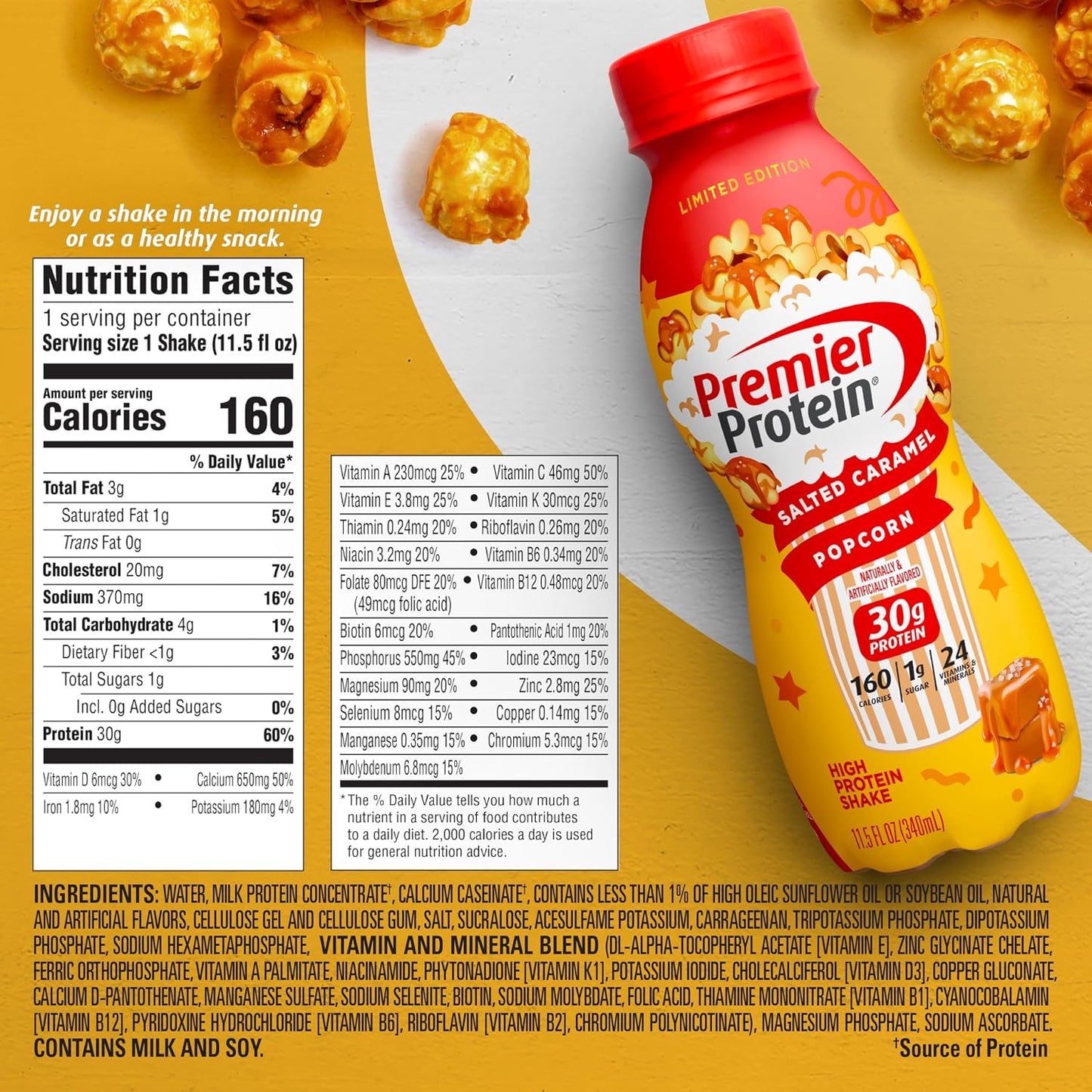 Premier Protein LIMITED EDITION 30g Shake, Salted Caramel Popcorn, 12 Pack | 160 Calories, 24 Vitamins & Minerals, No Added Sugar, Supports Muscle Health, Gluten-Free, 11.5 oz